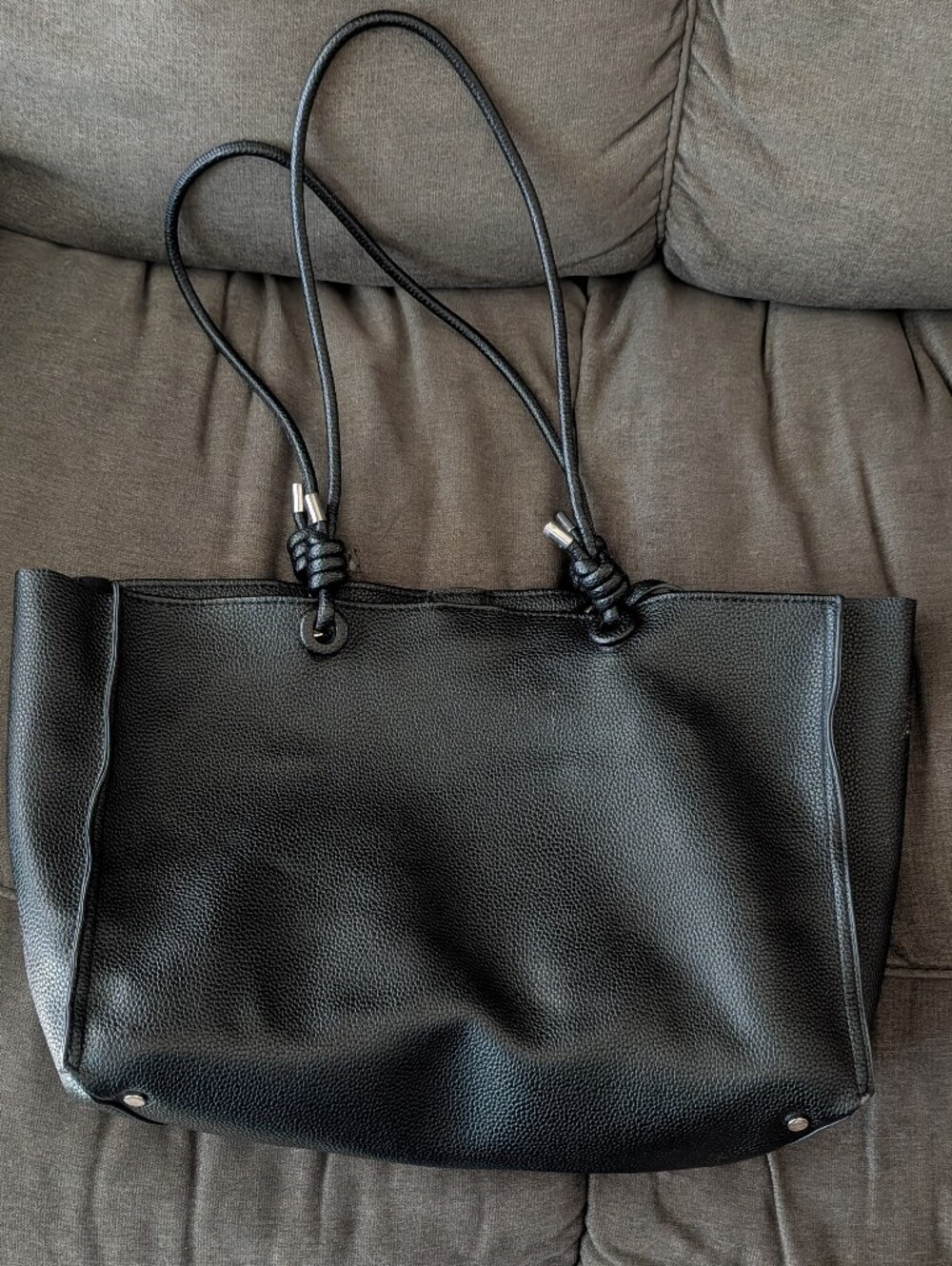 Black Leather Tote Bag with Knotted Shoulder Straps